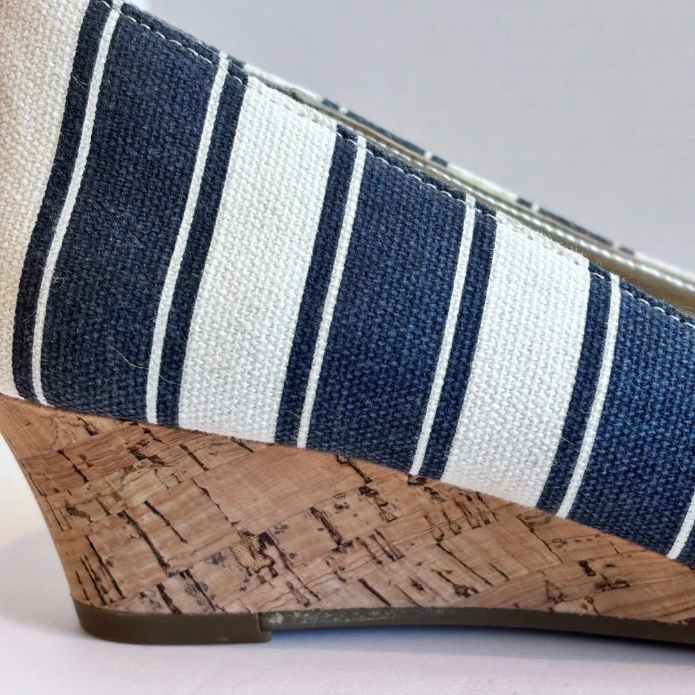 Kelly & Katie Women's Open Toe Low Wedge Cork Heel Blue White Stripe Fabric Shoe